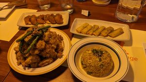 Vegan shrimp, teriyaki chicken, spring rolls and fried rice at Camouflage in Seoul