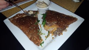 Savory vegan crepe with housemade cashew cheeze  at Chez Elle in Kansas City