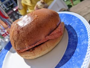Vegan Lorne sausage and vegan brioche bap at The Station Coffee Shop in Aberfoyle