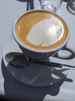 Oat milk flat white at The Station Coffee Shop in Aberfoyle