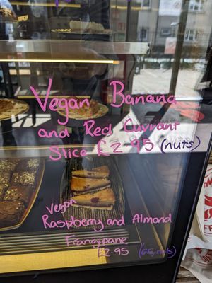 Vegan banana and red currant slice and vegan raspberry and frangipani slice at The Station Coffee Shop in Aberfoyle
