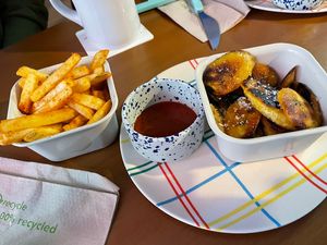 Fries and sliced plantain  at Ushi's Coffee Corner in Glasgow