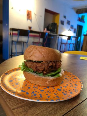 a chick'n burger ! at Ushi's Coffee Corner in Glasgow