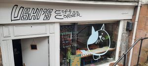 Cute entrance at Ushi's Coffee Corner in Glasgow