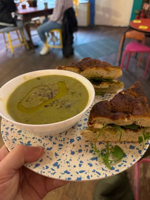 Spinach soup, tofu caprese acacia   at Ushi's Coffee Corner in Glasgow