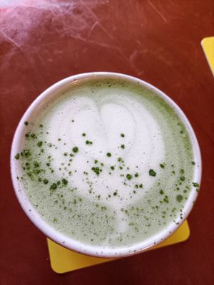 Cherry blossom matcha latte at Ushi's Coffee Corner in Glasgow