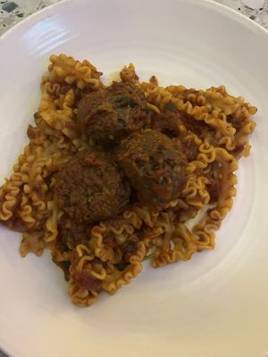 “Symplicity” vegan meatballs, tomato sauce, mafaldine   at Pastaio in London