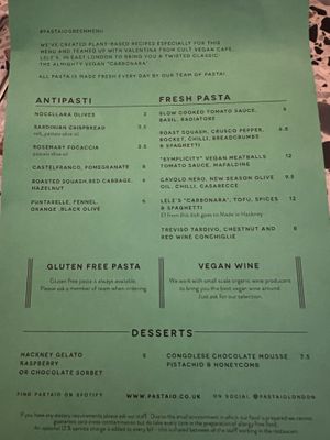 Vegan menu  at Pastaio in London
