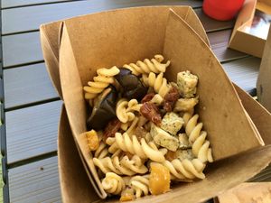 Pasta salad - looks simple but very tasty! (Sauce is underneath)  at L'Amandier  in Selestat