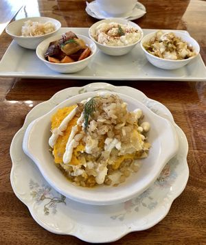 Lazy Way Pierogi Lasagna, sauerkraut, roasted carrots, mashed potatoes, fried cabbage  at The Ferguson House Bistro in Nashville