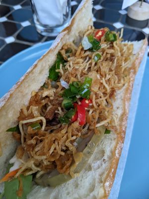 Bánh Mi Bi Chay - the chilies are hot! Bread is delicious, nice soft on the inside crunchy on the outside baguette. at The Joi Factory in Ho Chi Minh City