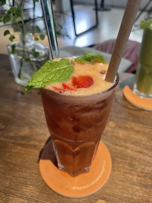 Strawberry iced tea. Part of The vegan bahn mi/iced tea combo for 78,000 VND (plus 10% tax)  at The Joi Factory in Ho Chi Minh City
