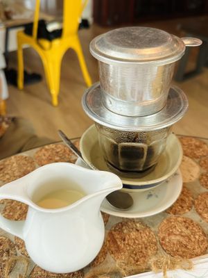 White hot coffee, combo w/ bánh mì (68.000 VND)  at The Joi Factory in Ho Chi Minh City