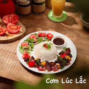 Our plant-based version of a beef rice dish called Bò Lúc Lắc…SUPER yummy! at The Joi Factory in Ho Chi Minh City