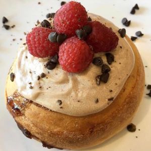 'Nutella'! Chocolate and Hazelnut Frosting, Raspberries & Chocolate Chips! at Cinnaholic in Ann Arbor