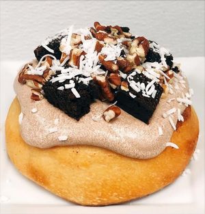 Chocolate Frosting, Brownie Bites, Pecans & Coconut at Cinnaholic in Ann Arbor