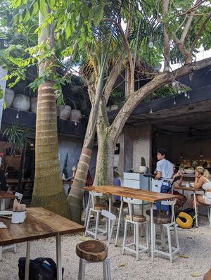 Outdoor seating area at Burrito Amor in Valladolid