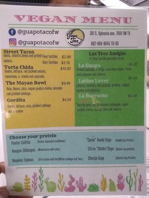 Vegan menu at Guapo Taco in Fort Worth