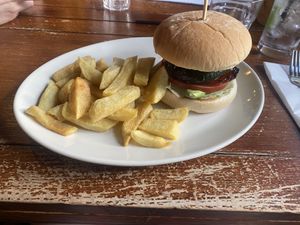Vegan burger with chips   at The Ship and Whale in South East London