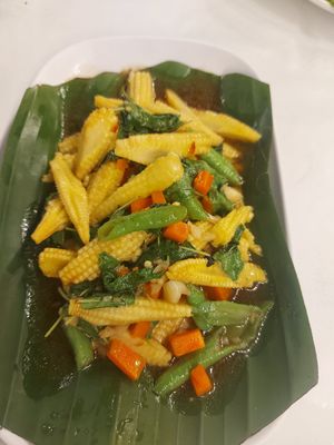 Sweetcorn stir-fried with holy basil at Korn Restaurant in Koh Samet