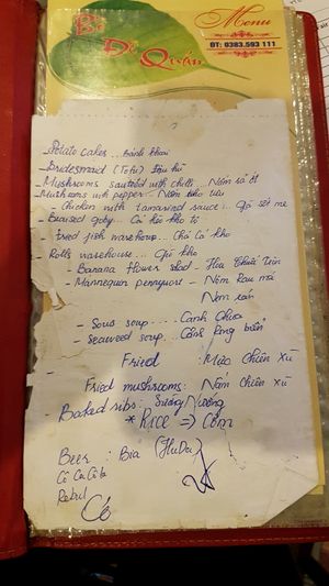 English translation of the menu. at Bo De Quan - Ho Tung Mau in Vinh