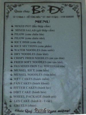 Small One-page English menu at Bo De Quan - Ho Tung Mau in Vinh
