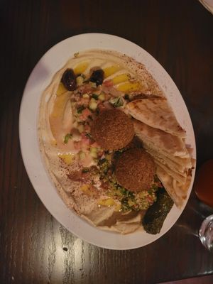 Vegetarian platter with no babaganoush because they were out of the maharurama for the vegan platter at Jerusalem Garden Café in Asheville