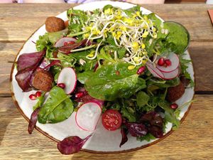 Salat mit Falafel und Spinathummus at Querbeet in Alzenau