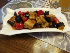 Fried eggplants salad at Navat in Bishkek