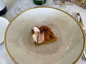 Farinata di lupini con cremoso di anacardi e caponata   at Polisena L'Altro Agriturismo in Pontida