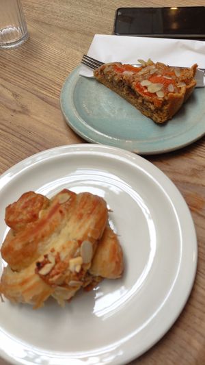 Almond croissant and apricot cake (both vegan) at Star Anise Arts Cafe in Stroud