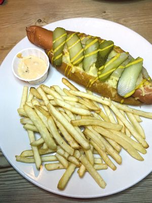 Vegan hotdog and fries  at Brass Monkey Shore in Edinburgh