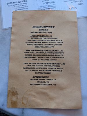 Breakfast menu at Brass Monkey Shore in Edinburgh