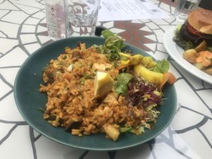 Vegan paella, gorgeous. at Woodruffs Organic Cafe in Stroud