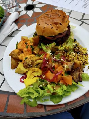 Tasty tasty tasty vegan burger at Woodruffs Organic Cafe in Stroud