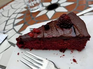 Tastes as good as it looks! Beetroot chocolate cake. at Woodruffs Organic Cafe in Stroud