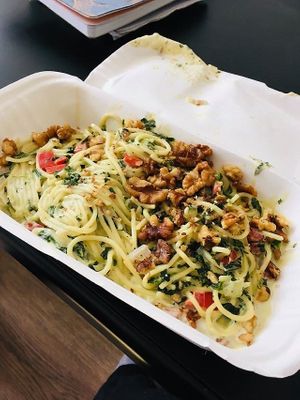 Creamy spinach spaghetti at Woodruffs Organic Cafe in Stroud