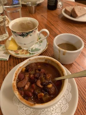Ginger Tea with Lemon, Vegetable Chilli with Cashews and a small taste of the Budapest Mushroom Soup

All were very yummy! at Inn Season Cafe in Royal Oak