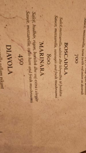 Menu at Pizzarte in Tirana