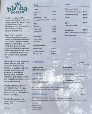 Soft opening menu  at Biribá in Puerto Viejo De Talamanca