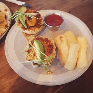 Crab cakes with yuka fries 🤤 at Biribá in Puerto Viejo De Talamanca