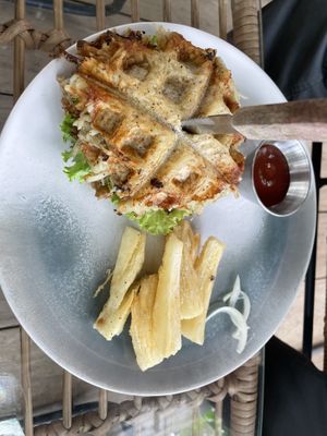 Vegan burger in ‘hash brown’ bun at Biribá in Puerto Viejo De Talamanca