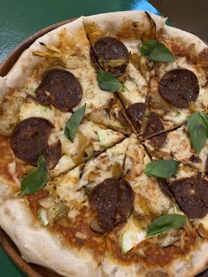 Veggie pizza with added (homemade) pepperoni   at Earthly Kitchen in San Jose