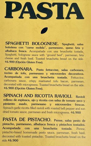 pasta menu   at Earthly Kitchen in San Jose