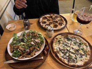 Pepperoni pizza, salad appetizer, feta balsamic pizza  at Earthly Kitchen in San Jose