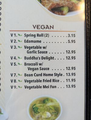 Photo of the vegan section of the menu, differed slightly from what was on their website at Red Bowl in Grand Rapids