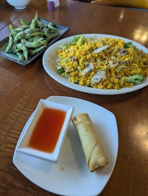 Spring rolls (I ate one prior to the photo), veg fried rice, and edamame at Red Bowl in Grand Rapids