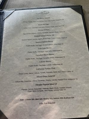 Menu  at Mirador in St Thomas