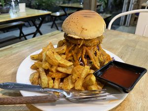 Vegan burger with French fries, $6  at Kebab & Falafel Time in Siem Reap