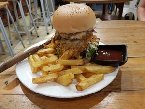 THE burger 😀, with fries at Kebab & Falafel Time in Siem Reap